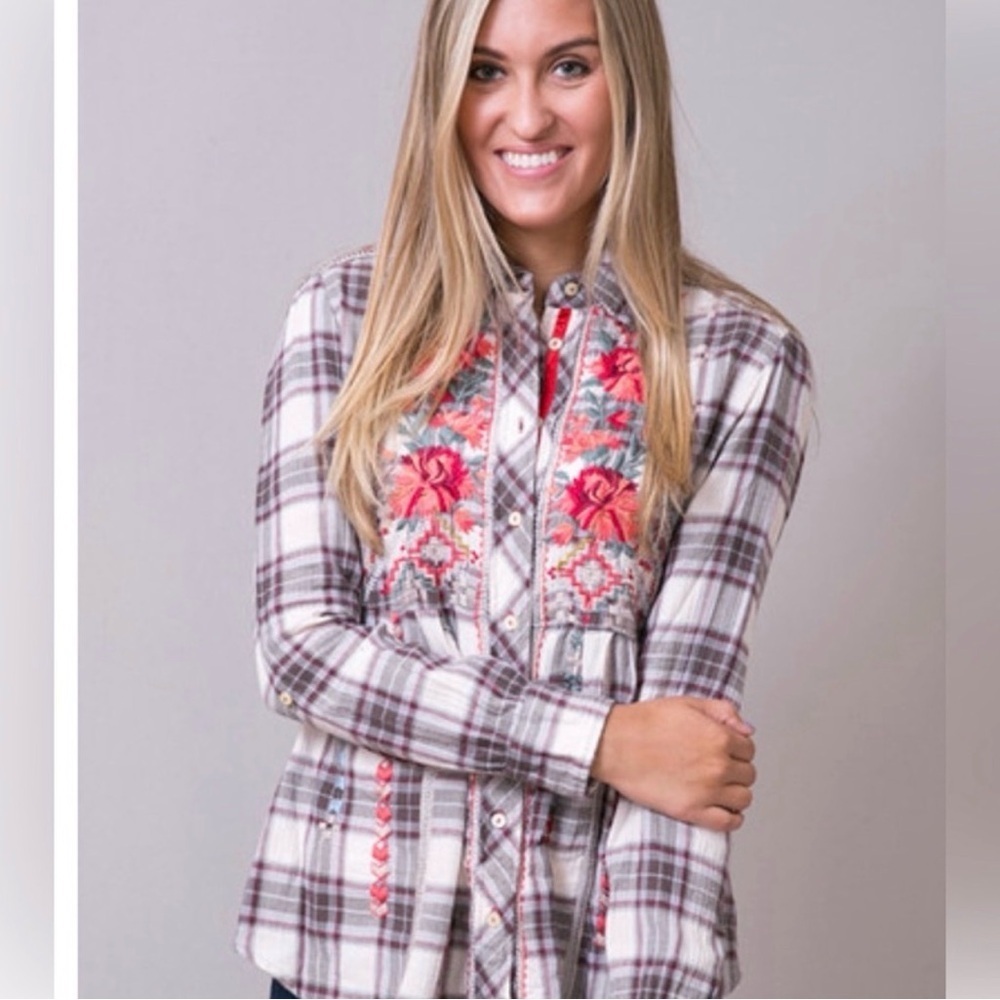 Johnny Was Plaid Embroidered Button-Up Tunic Boho Floral Plaid Shirt Size Small